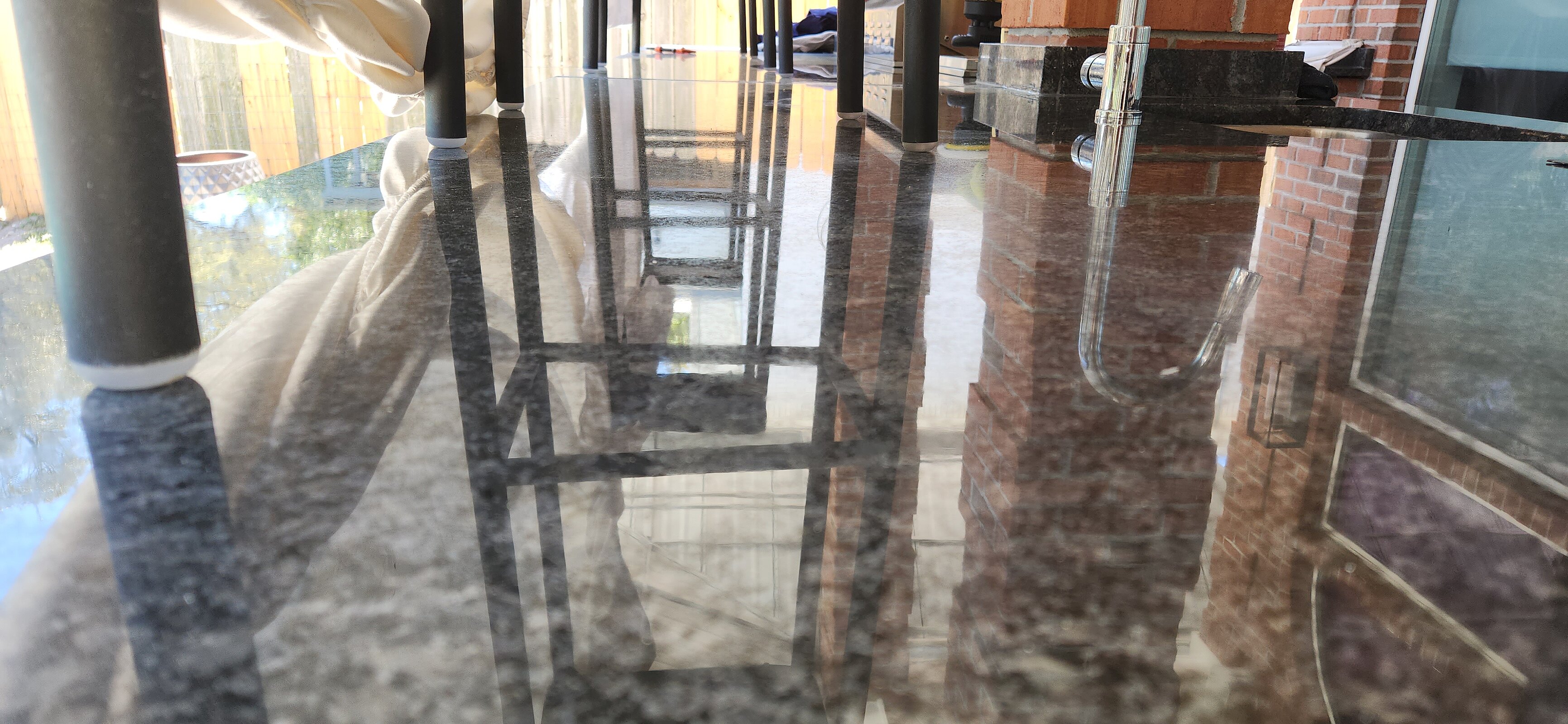 Deeply polished outdoor granite countertop with high gloss finish