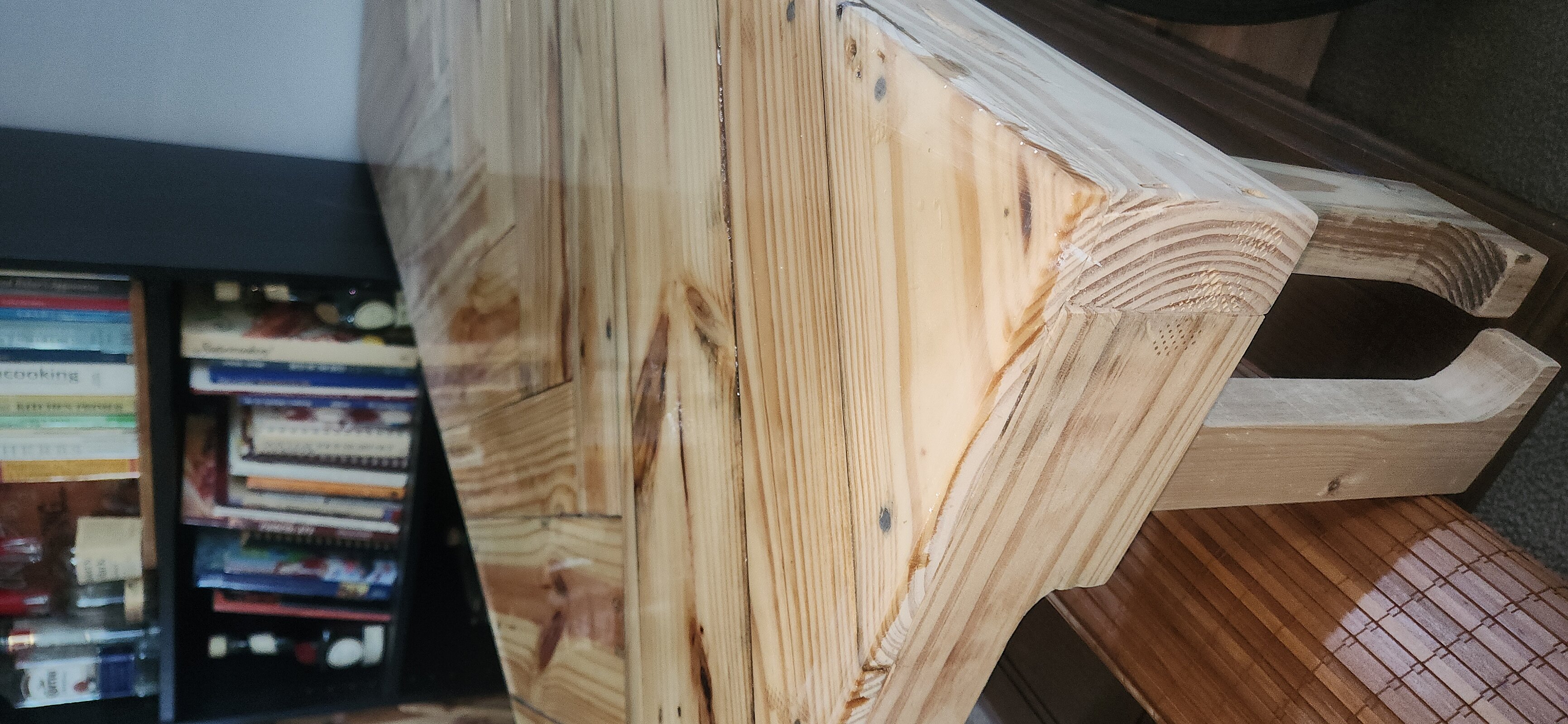 Handcrafted herringbone wood coffee table with clear protective coat finish