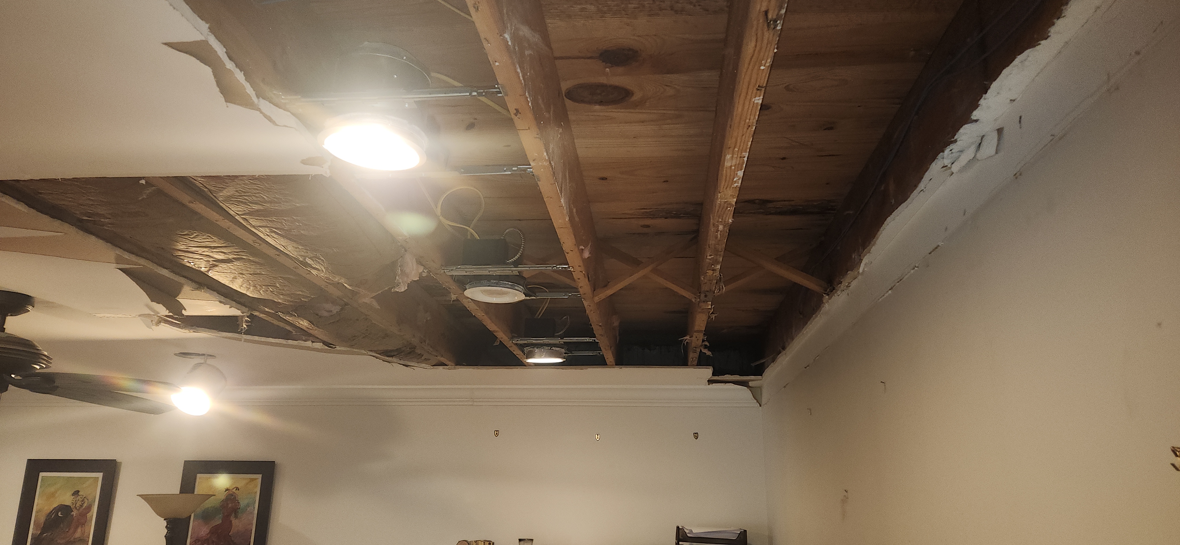 Water damaged ceiling section prior to repair