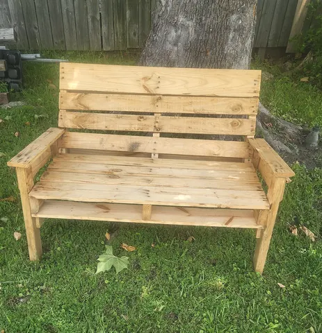 Sturdy wooden love seat bench built from recycled pallet timber